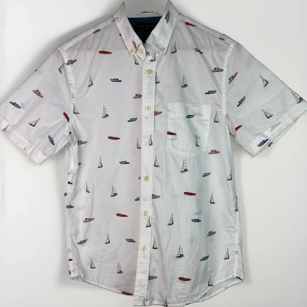 Banana Republic Men's S White Organic Cotton Short Sleeve Boat Button Up Shirt